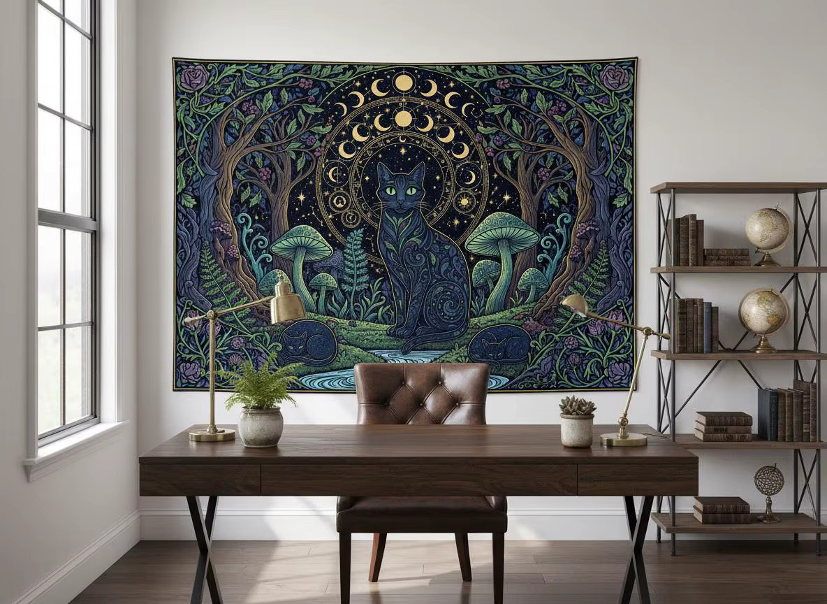 VIKAMA Wandteppich im Bohemian-Stil mit schwarzer Katze und Mondphasen, Mehrfarbig, B/H: 60 x 40 cm - Bild 3