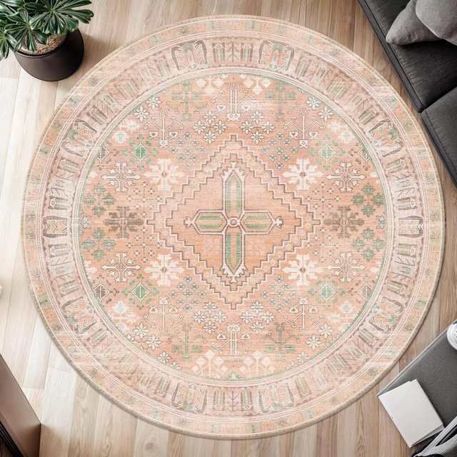 Runder Teppich von Lodestar im Vintage-Stil mit geometrischem Muster in Rosa und Braun, Durchmesser: 40 cm - Bild 1