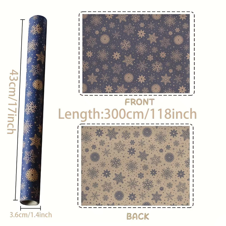 Dunkelblaue Schneeflocken Geschenkpapierrolle aus Kraftpapier mit doppelseitigem Winterdesign - Bild 4