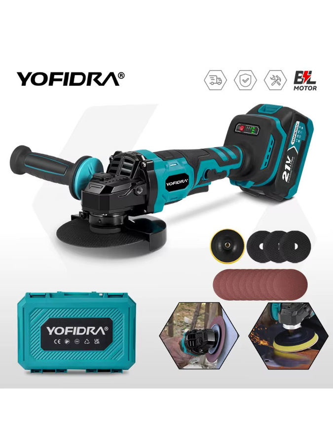 YOFIDRA Bürstenloser Winkelschleifer 125mm mit 3-Gang-Schleifmaschine als Polier- und Schneidwerkzeug für Holzbearbeitung, kompatibel mit Makita 21V Akku - Bild 7