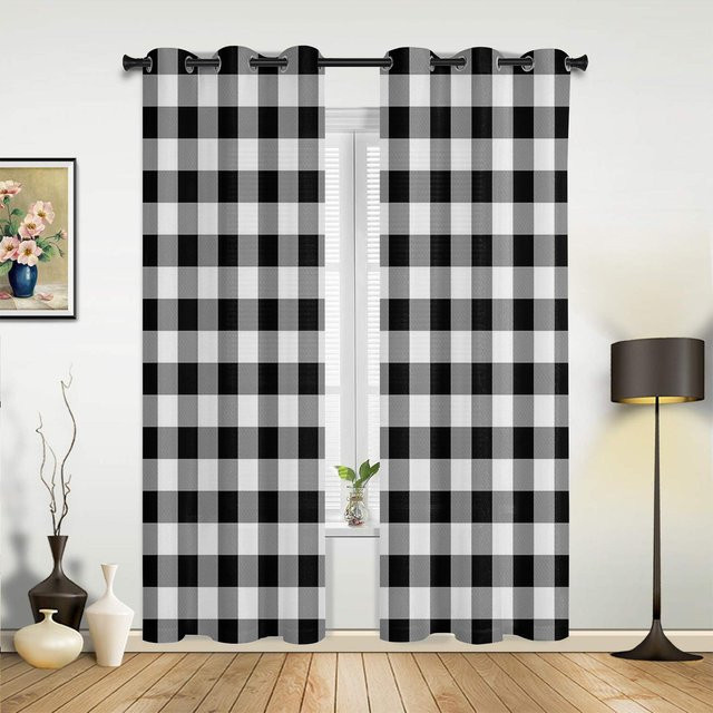 Yiran Furniture Vorhang mit Karomuster in Marineblau und Schwarz, halbtransparentes Dekovorhänge aus Polyester für Wohnzimmer, Schlafzimmer oder Küche, Breite: 135 cm, Höhe: 60 cm - Bild 1