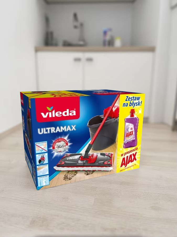 Vileda Flachmopp aus Mikrofaser mit Eimer und Quetscher in Rot inklusive Ajax Reiniger - Bild 3