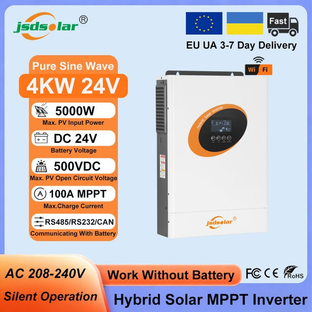 Jsdsolar Hybrid-Solarwechselrichter 4KW 24V mit 100A MPPT Solarladegerät, Reiner Sinuswellen-PV-Wechselrichter 230V 5000W On/Off-Grid, Weiß - Bild 1