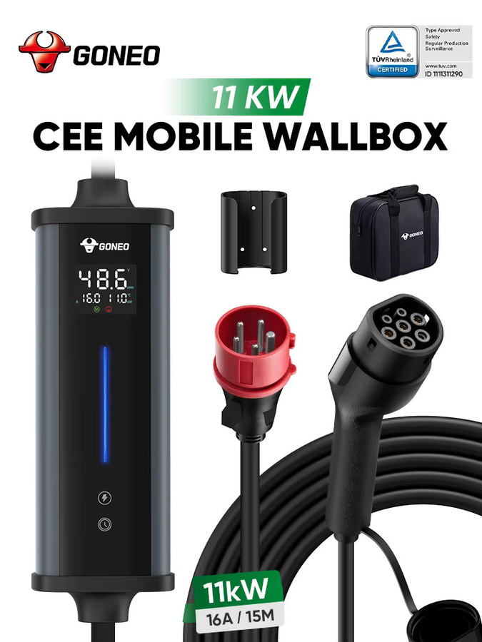 GONEO CEE Tragbare Mobile Wallbox mit Industrie-Stecker, 11kW Typ 2 EV-Ladegerät, 16A 3-Phasen, FI-Schutz, IP66 - Bild 4