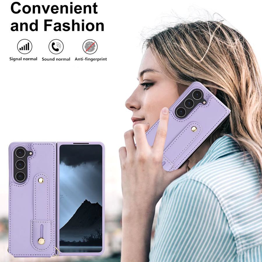 LLCOHA Ledertasche als Umhängetasche und Brieftasche für Samsung Galaxy Z Fold 7, 6, 5, 4 5G mit Handgelenkband, Kartensteckplatz und doppeltem Magnetverschluss in Schwarz oder Lila - Bild 5