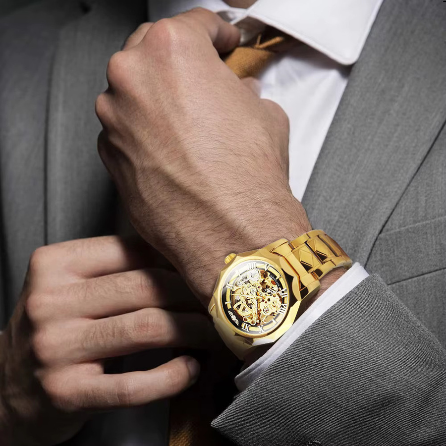 WINNER Automatik-Armbanduhr, Edelstahl, Gold, Herren, Leuchtzeiger - Bild 5