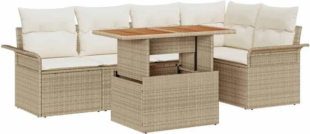 vidaXL Garten-Sofa-Set 6-teilig in Beige mit Kissen und Couchtisch aus Metall und Akazienholz - Bild 1