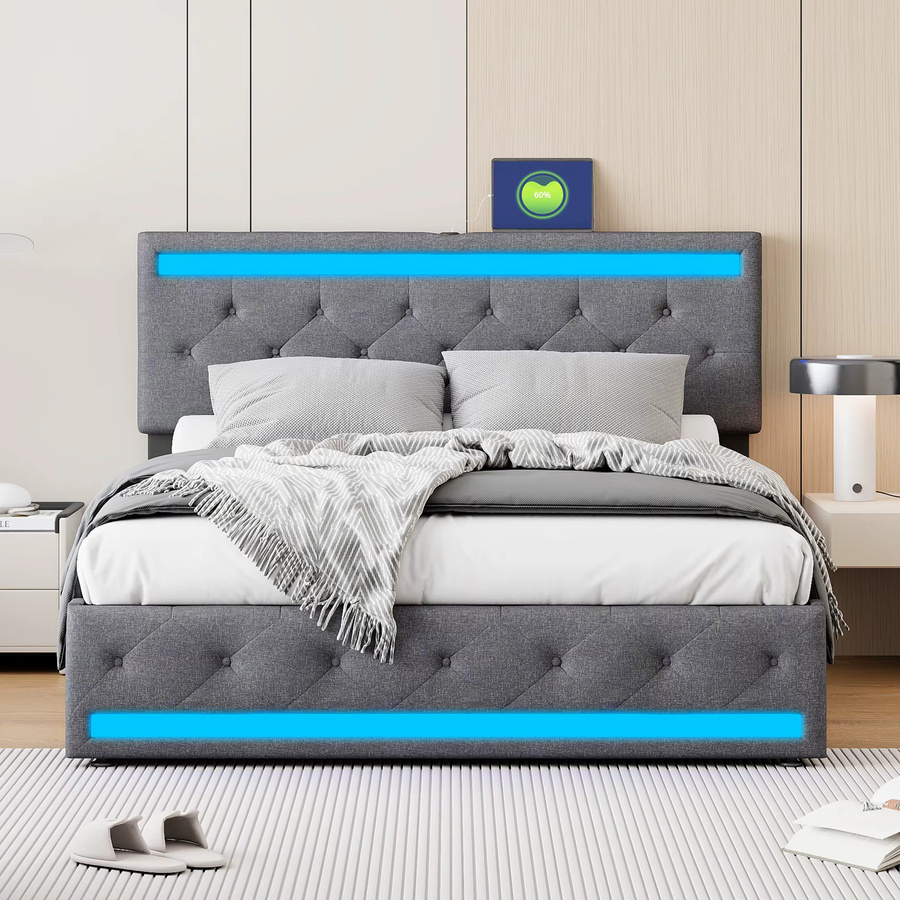 Anajqaqia Doppelbett aus Leinenstoff mit 4 Schubladen, LED-Beleuchtung und USB-Ladefunktion, Grau, B/T: 140 x 190 cm - Bild 2