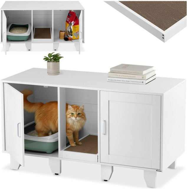 tectake Katzenschrank Freya Weiß, MDF, mit versteckten Eingängen, Belüftungslöchern und Kratzmatte, B: 120 cm, T: 52 cm, H: 65 cm - Bild 1