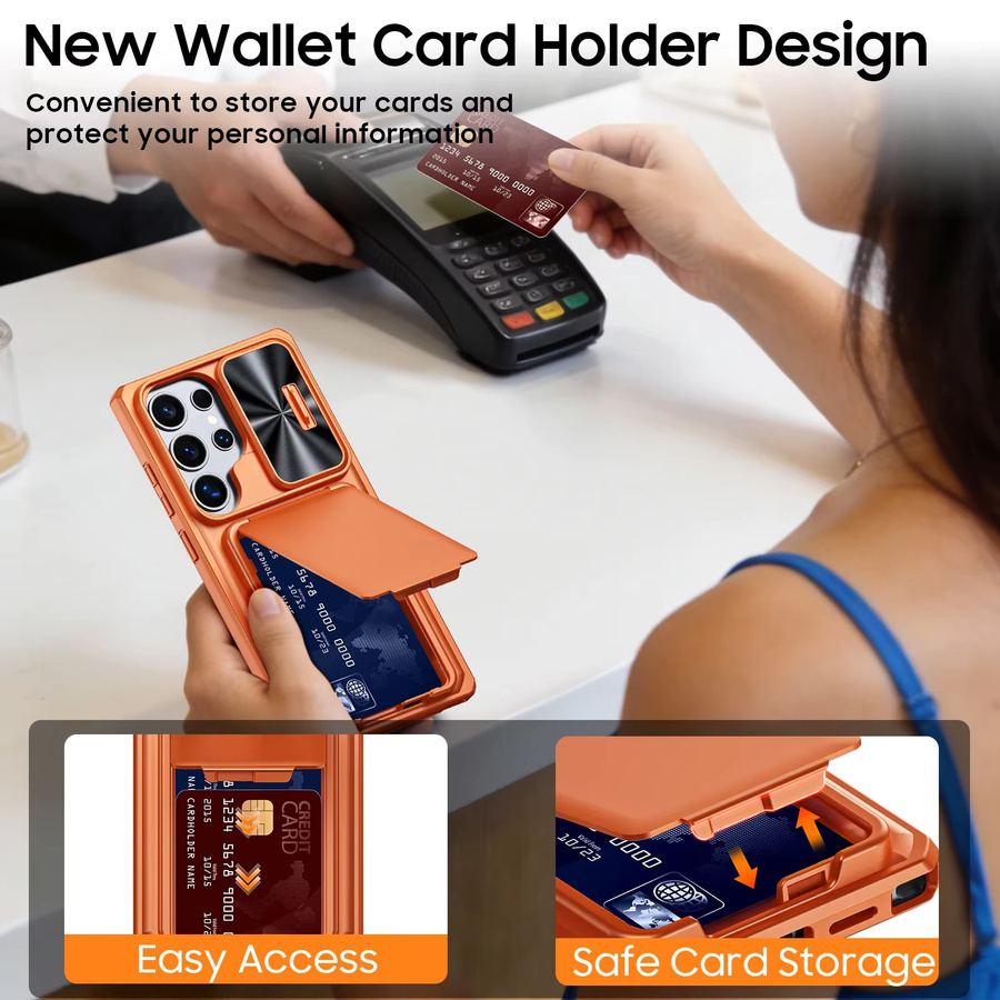BANGZAO Handyhülle für Samsung Galaxy S24 Ultra mit Kartenhalter und RFID-Blockierung, stoßfeste Militär-Schutzhülle mit Kameraabdeckung, Orange - Bild 3