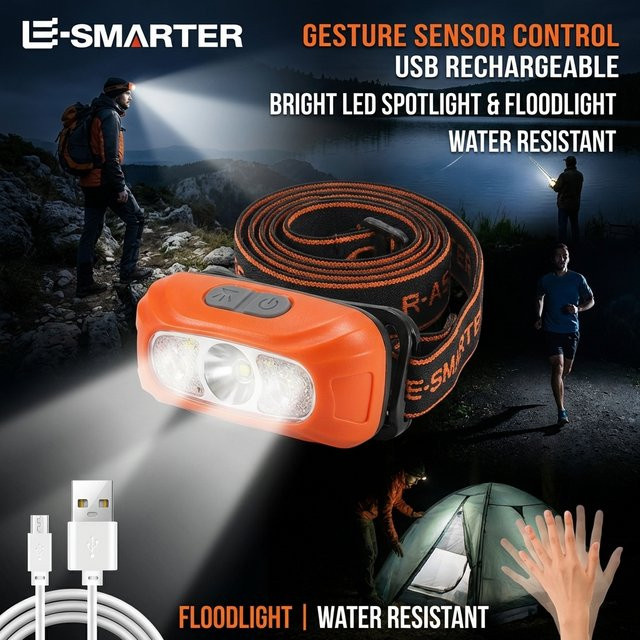 ESMARTER LED Sensor-Stirnlampe mit COB-Beleuchtung, aufladbare Kopflampe in Schwarz für Camping, Angeln und Radfahren - Bild 1
