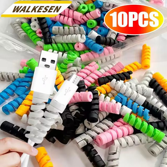 10er Set Spirale Kabel-Schutzhüllen von WALKESEN in Gelb für USB-A und USB-C Ladekabel - Bild 1