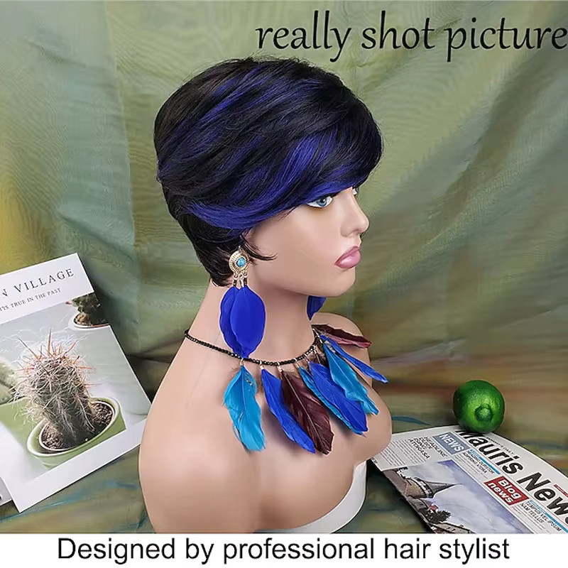 HAIRJOY Perücke aus Kunsthaar, schwarz, blaue Ponysträhnen, Damen - Bild 2