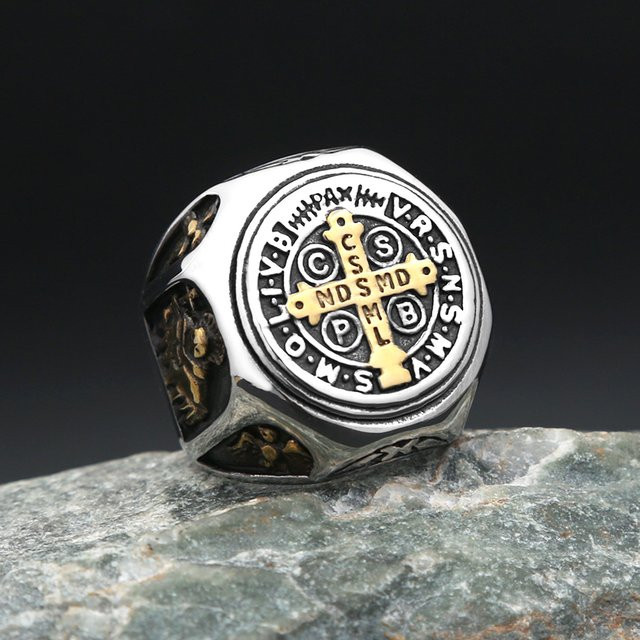NORTHMAN Ring Saint Benedict Kreuz, Edelstahl, Silber, Herren, Vintage - Bild 1