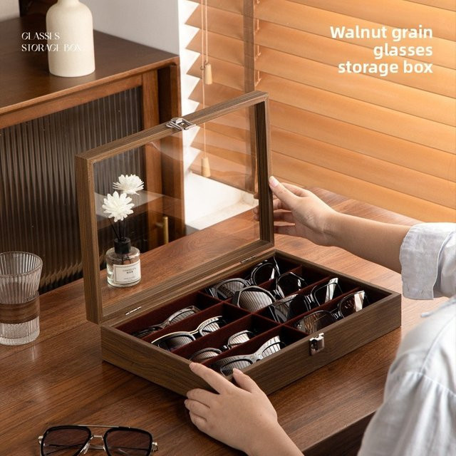 UOSU Brillenaufbewahrungsbox aus Walnussholz in Braun mit Mehrkammern als Präsentationsständer für Sonnenbrillen, B/T/H: 24,0 x 15,5 x 7,0 cm - Bild 1