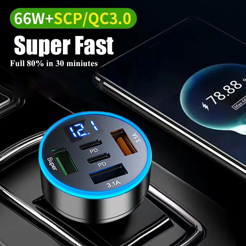 UYUXIO USB-C Autoladegerät-Adapter mit Spannungsanzeige in Schwarz mit 2 PD und 3 USB-A Anschlüssen für Samsung, iPhone, Huawei, OnePlus und OPPO - Bild 2