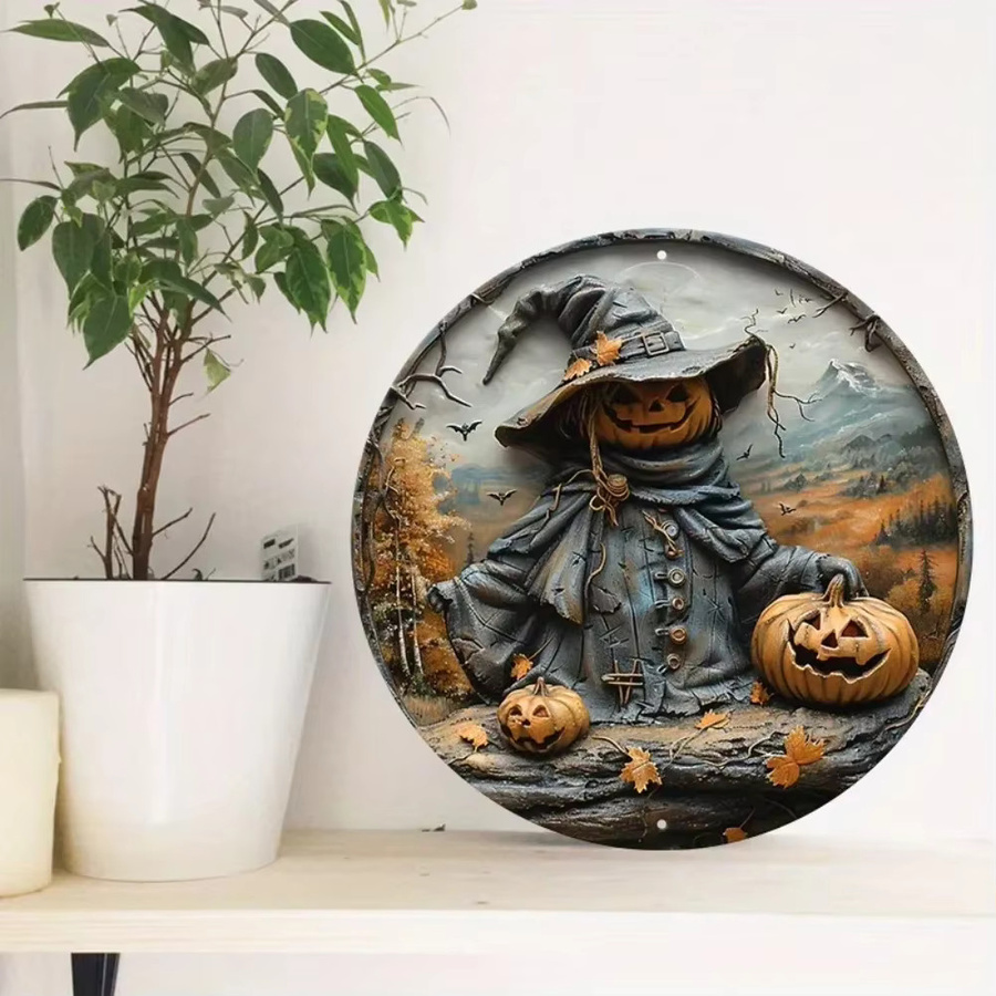 CIFBUY Vintage Halloween Wandskulptur aus Metall mit Kürbis und Vogelscheuche, runde Aluminium-Plakette, Mehrfarbig, Durchmesser: 20,32 cm - Bild 5