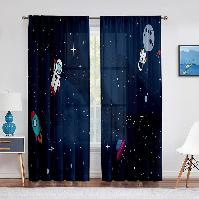 Super Six Transparentes Tüll-Fensterdekoration mit Weltraum-Raketen- und Planeten-Motiv für Kinderzimmer, Breite: 100 cm, Höhe: 250 cm - Bild 1