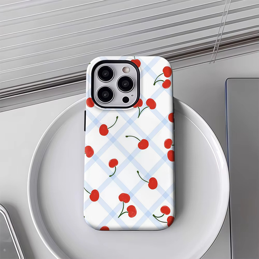 Handyhülle mit rotem Kirschmuster und blauem Schachbrett für Apple iPhone 17 16 15 14 13 12 Pro Max Plus mit doppellagiger Rückseite - Bild 3
