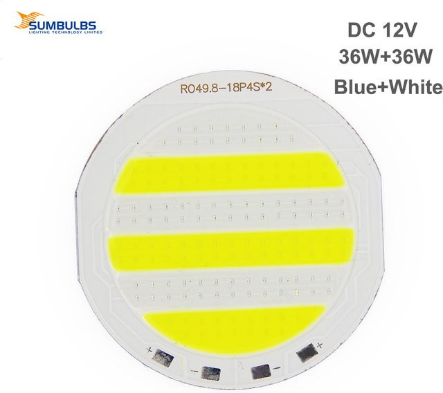 Sumbulbs Zweifarbiger 50-mm-COB-LED-Chip mit 36 W und DC12V für DIY-Auto-, LKW-, Boot- und Schiffsbeleuchtung in Warmweiß und Kaltweiß - Bild 1
