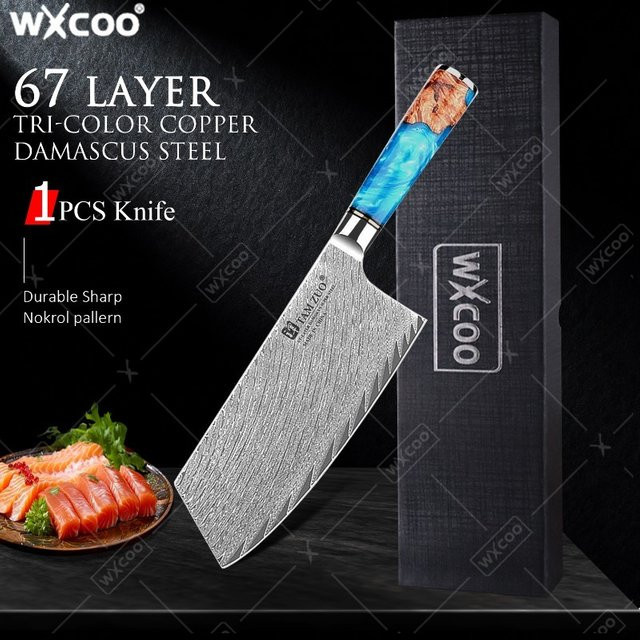 WXCOO Japanisches Küchenmesser mit Damaskus-Muster als ultrascharfes Hackmesser und Fleischbeil - Bild 1