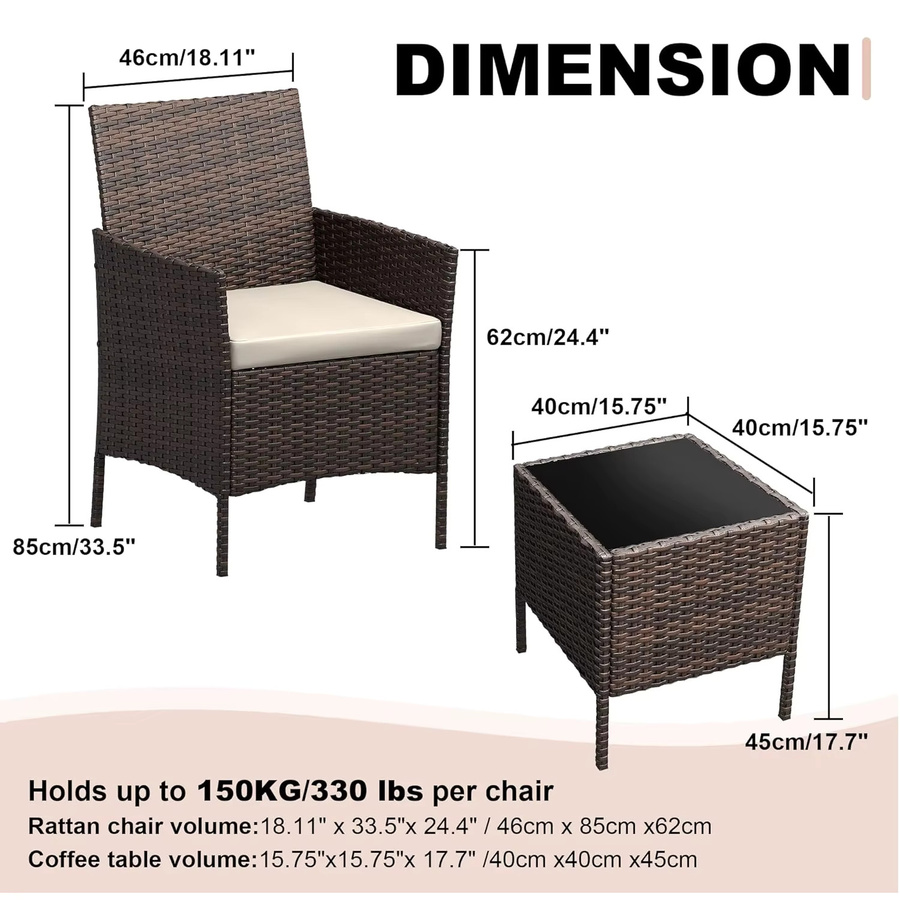 HiMISS 3-teiliges Gartenmöbel-Set aus Polyrattan mit Kissen und Glas-Couchtisch in Schwarz und Beige - Bild 2