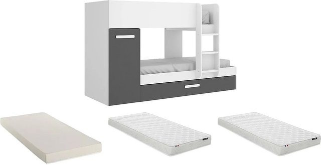 Vente-unique Etagenbett Anthony in Anthrazitgrau und Weiß, Höhe: 243 cm, Breite: 90 cm, Tiefe: 190 cm - Bild 1