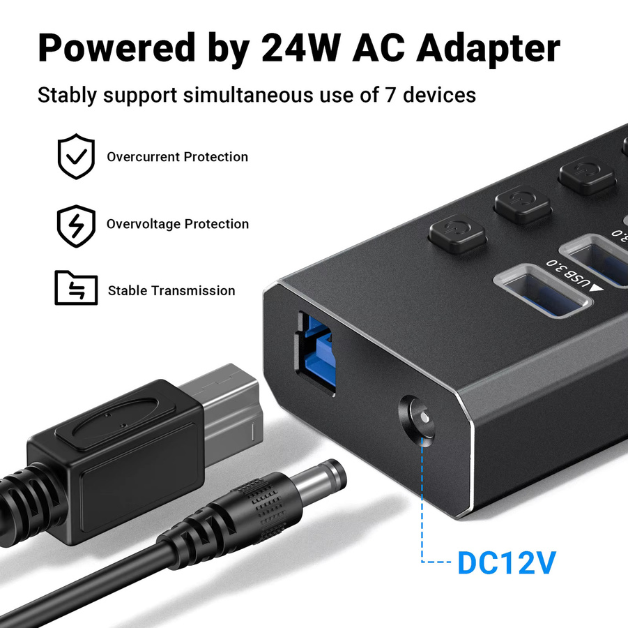7-in-1 USB 3.0 Dockingstation mit 7 Ports und unabhängigen Schaltern, Schwarz - Bild 5