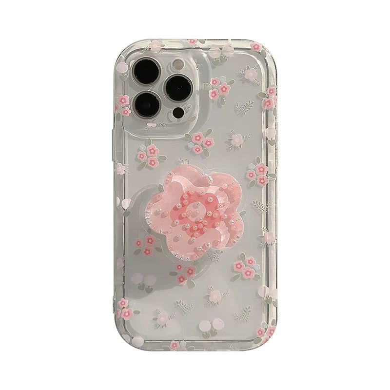 Transparente Handyhülle mit rosa Blumenmuster und integriertem Ständer für iPhone Modelle, Pink/Transparent - Bild 3