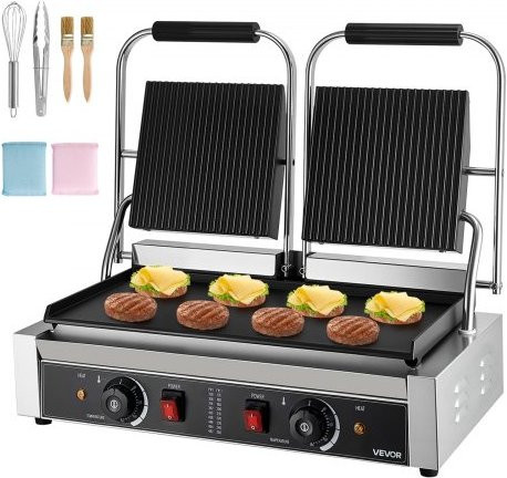 VEVOR Kommerzieller Panini-Grill aus Edelstahl in Silber mit Temperaturregelung und 3600 W Leistung für Sandwiches, Steaks und Hamburger - Bild 1