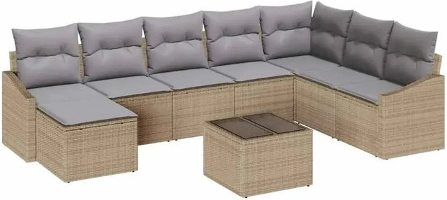 vidaXL Garten-Sofa-Set 9-teilig in Beige mit L-Form, Poly-Rattan und Polsterkissen, Ecksofa, Mittelsofa, Armsofa, Fußhocker und Tisch mit Stahlgestell - Bild 1