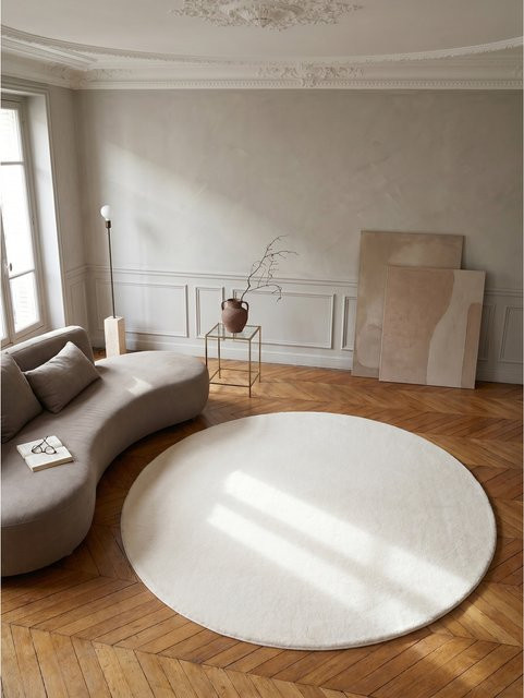Waschbarer Kurzflorteppich NECKAR von Kadima Design, einfarbig, Polyester, Beige/Weiß, Durchmesser: 120 cm - Bild 1