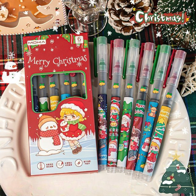 TWBEB Weihnachtliche Kugelschreiber Set 6 Stück, schnelltrocknende Tintenstifte in Schwarz und Multicolour für Schüler und Studenten - Bild 1