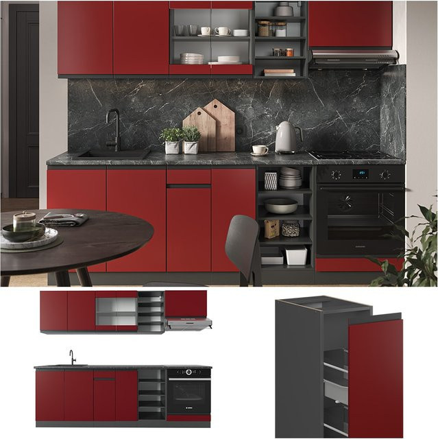 Vicco Küchenzeile R-Line J-Shape in Anthrazit und Rot, moderne Einbauküche aus Spanplatte, Breite: 240 cm - Bild 1