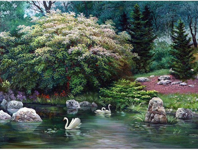 FIYO DIY Diamantmalerei Schwan am See 5D Stickerei mit runden Steinen, Farbe: Schwarz/Mehrfarbig, B x H: 20 x 30 cm - Bild 1