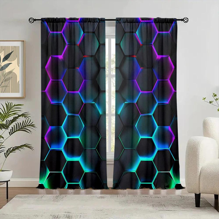 2er-Set Futurismus Vorhang mit sechseckigem Kunstprint, halbtransparent, Mehrfarbig, Breite: 132 cm, Höhe: 160 cm - Bild 2