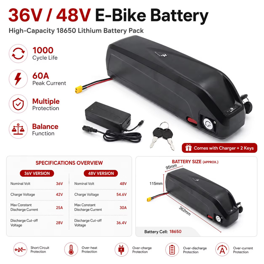 Bafang Elektrofahrrad-Akku in Schwarz, Hailong-Stil Unterrohr-Akkupack mit BMS, passend für BBS02 BBS03 BBSHD Motoren, 36V 48V - Bild 2