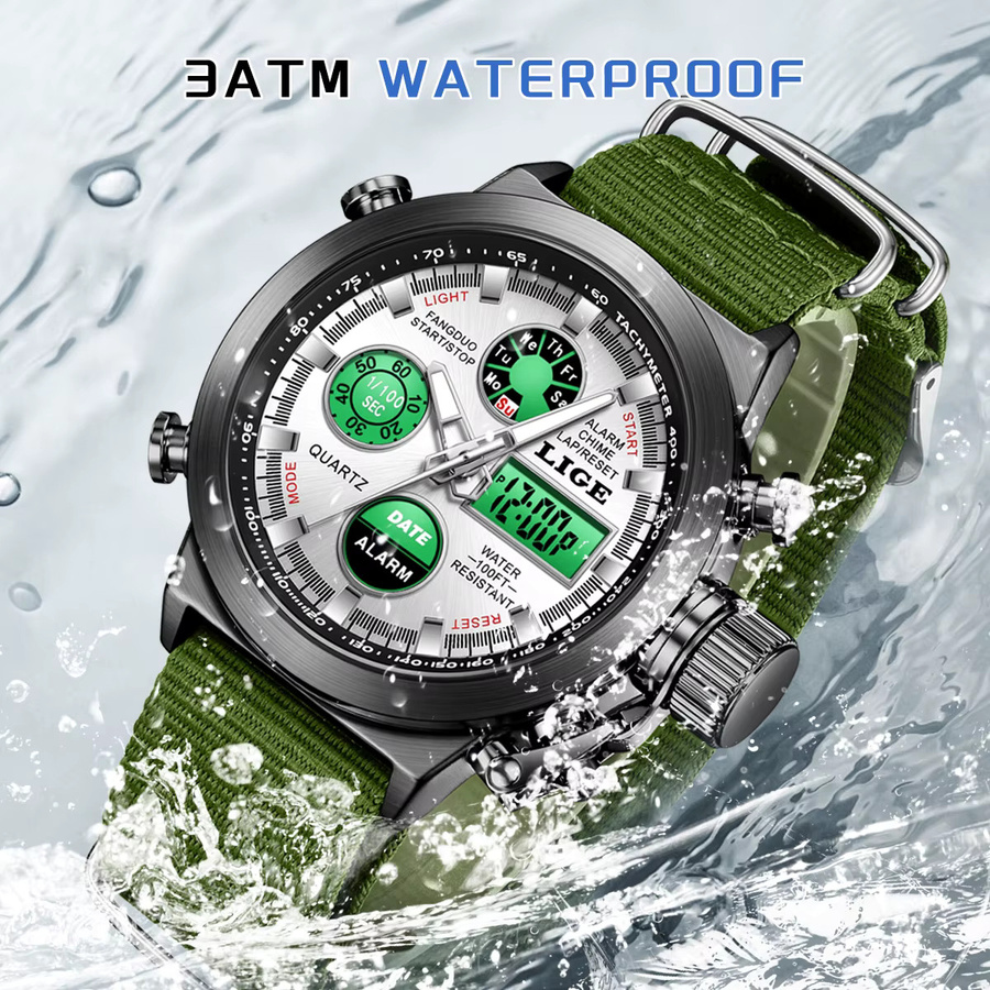 LIGE Chronograph Armbanduhr, Quarz, Schwarz, Textil/NATO, Herren - Bild 4