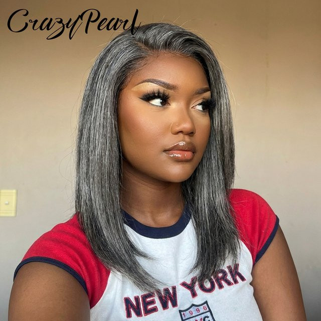 CrazyPearl Bob-Perücke aus Echthaar, Salz-und-Pfeffer-Grau, 13x4 Lace-Frontal - Bild 1