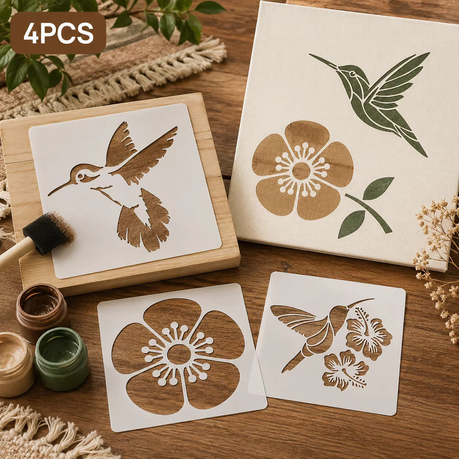 4 Stück Kolibri-Blumen-Schablonen in Weiß, wiederverwendbare Vogel- und Blumenmalvorlagen für DIY-Wanddekoration auf Leinwand und Stoff, B/H: 12,95 x 12,95 cm - Bild 4