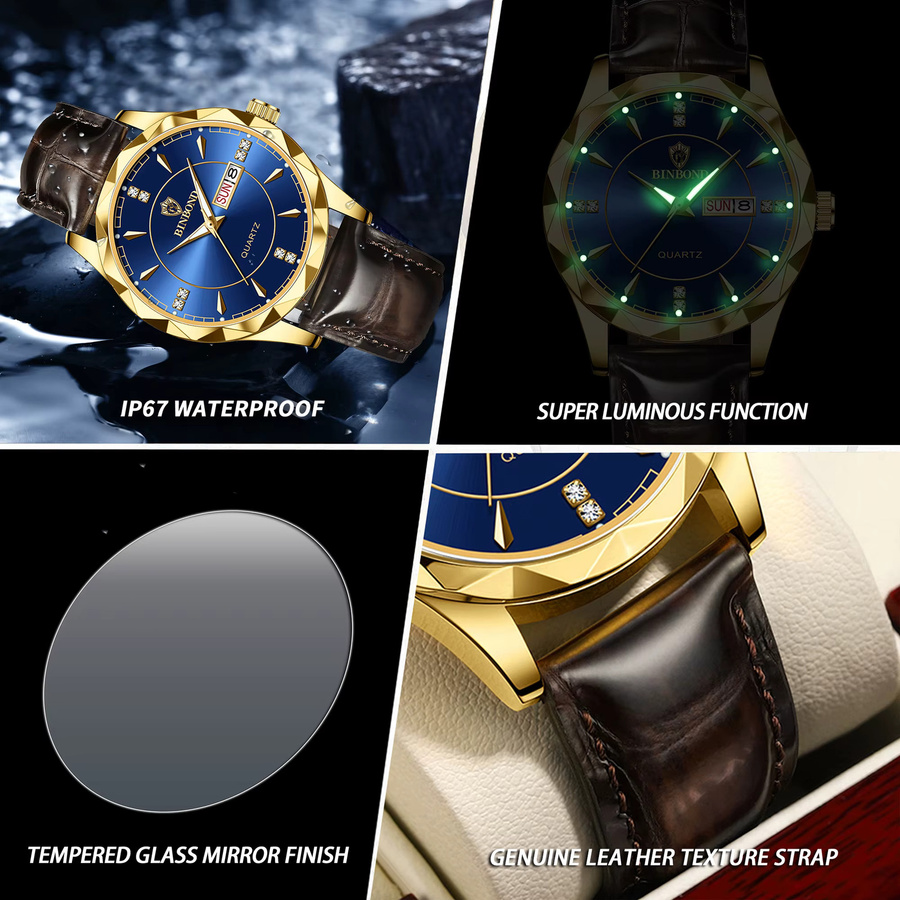 BINBOND Armbanduhr Quarz, Leder, Blau, Gold, Herren - Bild 6