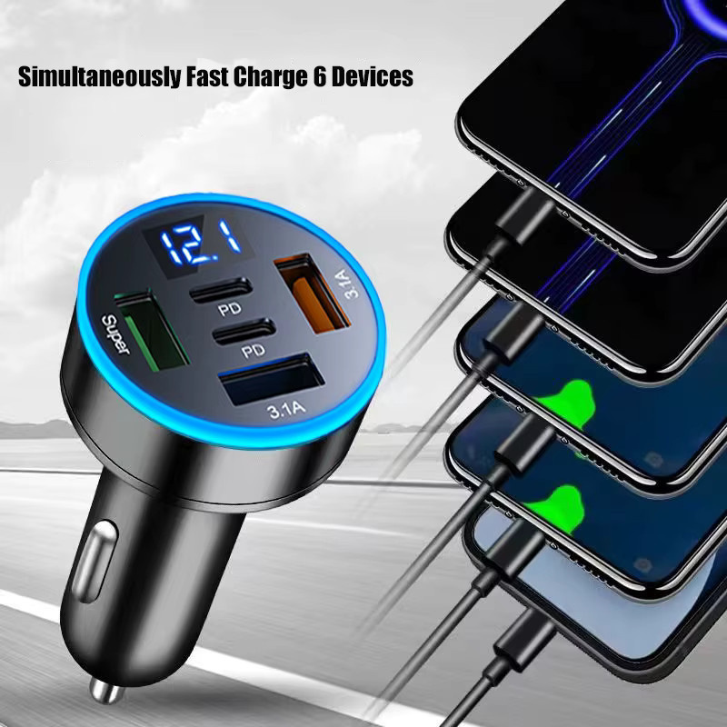 UYUXIO USB-C Autoladegerät-Adapter mit Spannungsanzeige in Schwarz mit 2 PD und 3 USB-A Anschlüssen für Samsung, iPhone, Huawei, OnePlus und OPPO - Bild 3