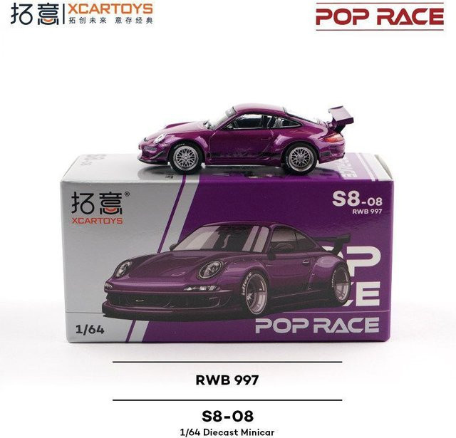 POP RACE RWB 997 Porsche Singer DLs Turbo Gold, Skyline GT-R (R34) V-Spec II, Automodell, 1:64, Metall, Gold, Lila - Bild 1