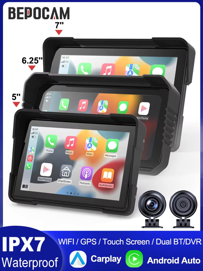 BEPOCAM Digitaler Motorrad-Monitor mit GPS-Navigation, CarPlay und Android Auto, Wasserdichter Touchscreen, Schwarz - Bild 5