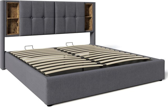 okwish Polsterbett mit USB-C Ladeport und Bettablage in Grau, Leinen, B/T/H: 160 x 200 x 165 cm (ohne Matratze) - Bild 1