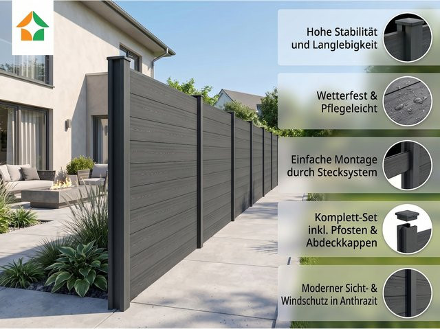 Prestige Home Living Outdoor WPC-Sichtschutzzaun Caracas in Anthrazit mit 5 Zaunelementen und 6 Pfosten - Bild 1