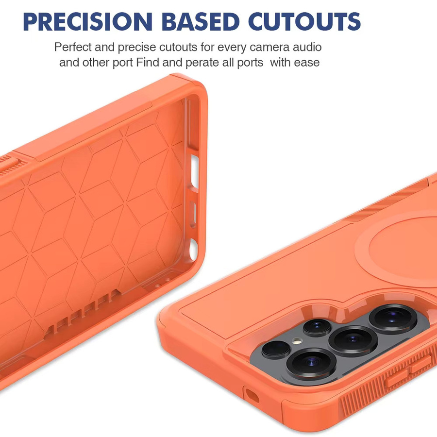 Stoßfeste Armor Schutzhülle mit Dual Layer PC und TPU sowie Magnetfunktion für Samsung S26 Ultra, S25 Edge und S24 Plus FE in Schwarz und Orange - Bild 4