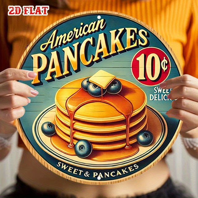 Potdemiel Vintage Americana Pancake Metallblechschild rund mit Blaubeer- und Blumenmotiven, Multicolour Wandkunst aus Aluminium, Durchmesser: 20 cm - Bild 1