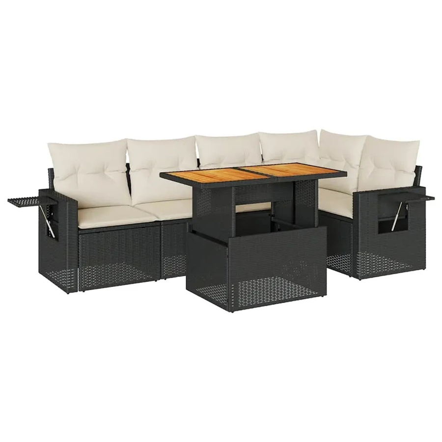 vidaXL 6-teilige Garten-Sofagarnitur in L-Form aus Poly-Rattan und Akazienholz mit Kissen in Schwarz-Creme - Bild 2
