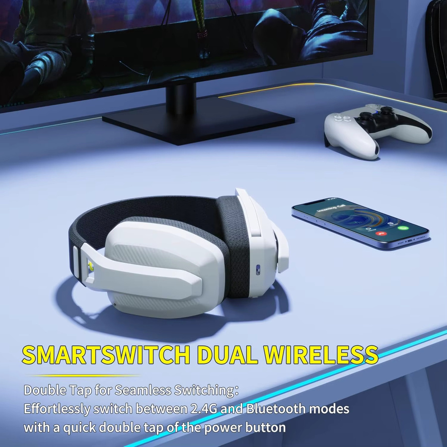 BINNUNE BW06 Kabelloses Gaming-Headset mit Mikrofon, 2,4 GHz und Bluetooth, für PS5, PS4, PC und Mac, Schwarz oder Weiß - Bild 3